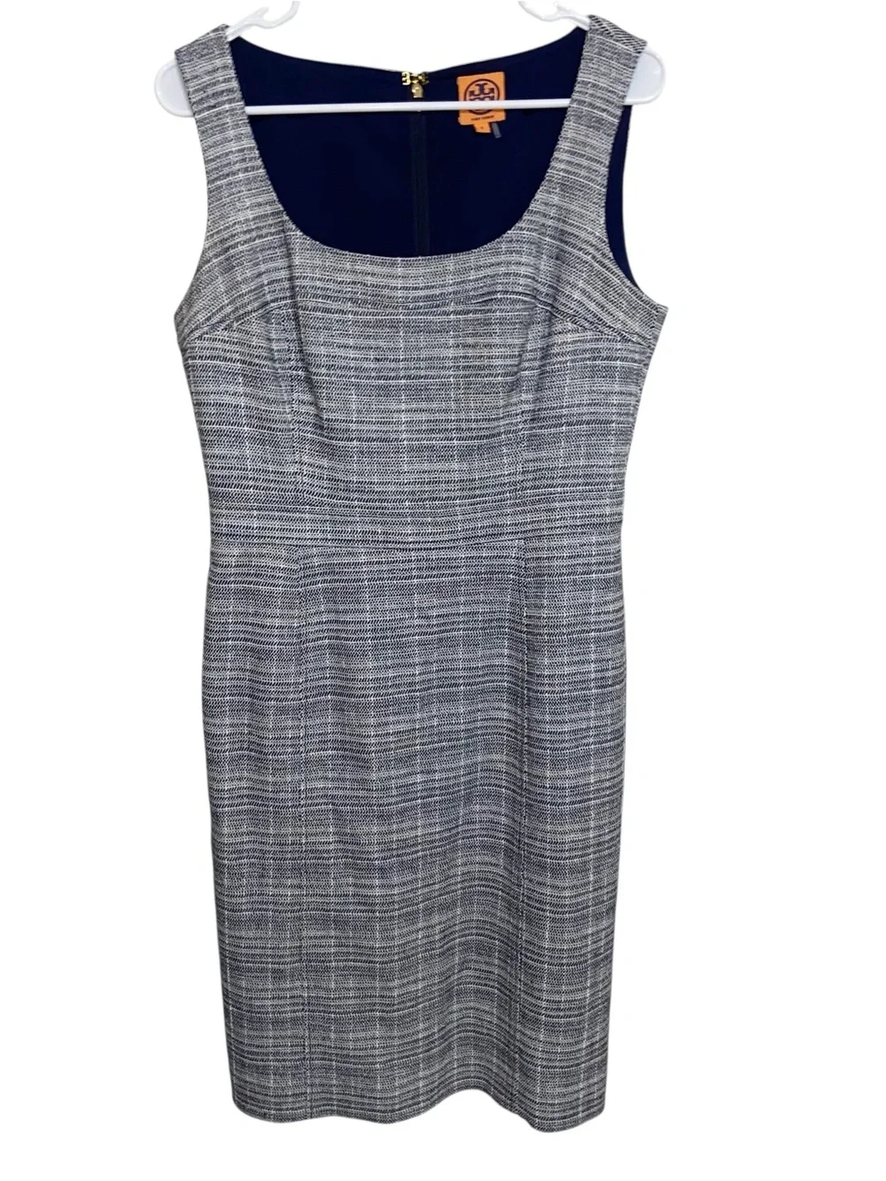 Tory Burch Dress Womens Sz 8 Tweed Sheath Navy Blue Jumper Preppy Career Fall